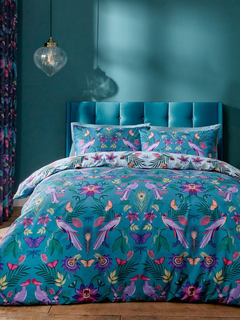 Catherine Lansfield Teal Blue Mya Tropical Floral Reversible Duvet Cover Set