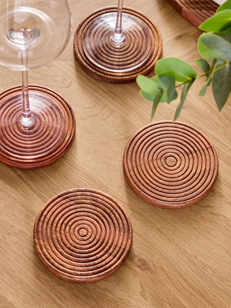 Set of 4 Natural Bronx etched wooden coasters, 10cm round (British brand)