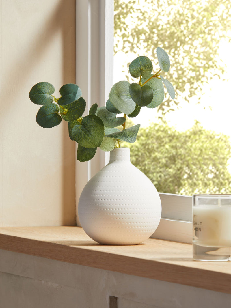 Artificial eucalyptus in white vase 25cm, UK version