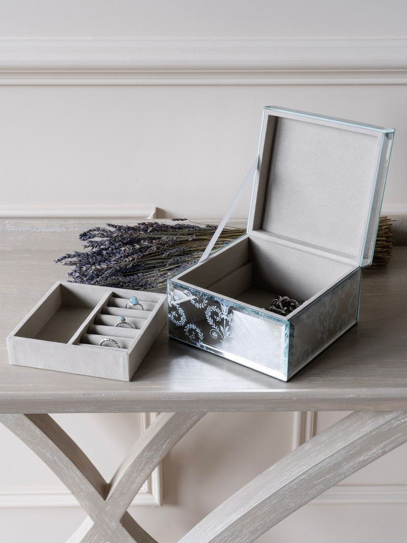 Laura Ashley Josette print mirror jewellery box measuring 15x15x9cm, UK version