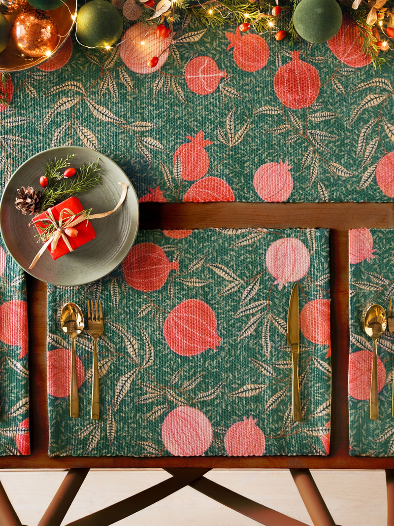 Paoletti green pomegranate Christmas placemats and runner set, imported from the UK