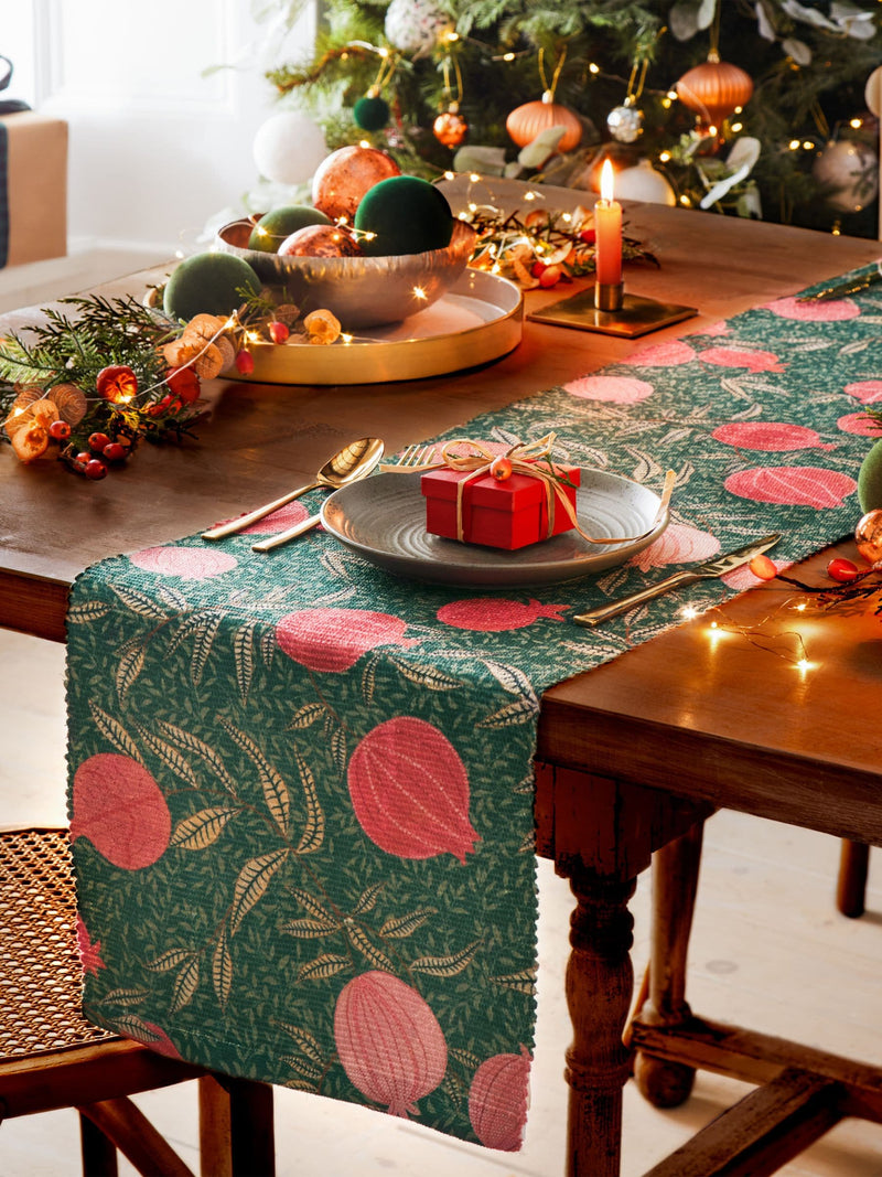 Paoletti Green Pomegranate Christmas table runner 180cm x 35cm, imported from the UK