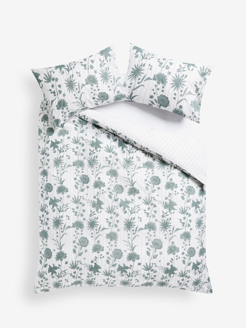 Green/White floral reversible duvet cover and pillowcase set, UK version