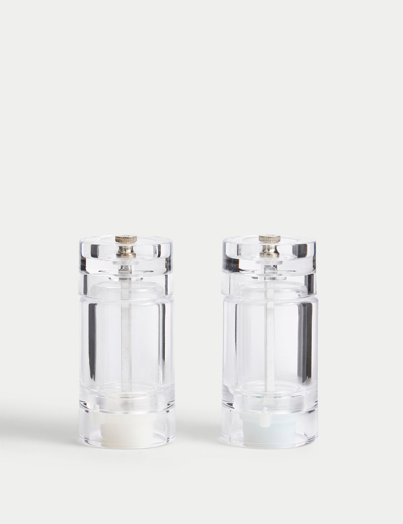 Clear plastic salt and pepper mills (British brand)