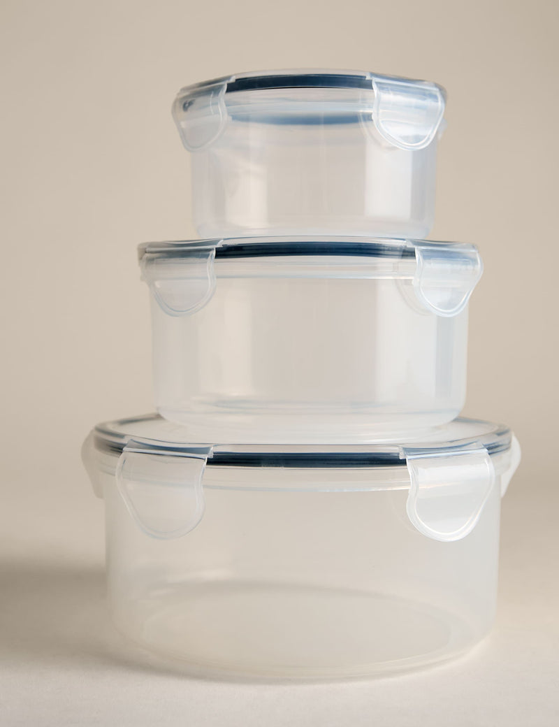 Set of three round clip storage containers 1.5L 800ml 400ml (British brand)