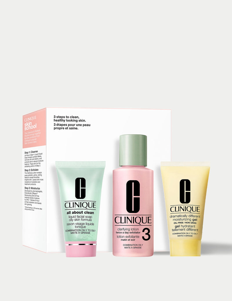 Clinique skincare cleansing kit for combination oily skin with cleanser, exfoliator, and moisturizer (British brand)