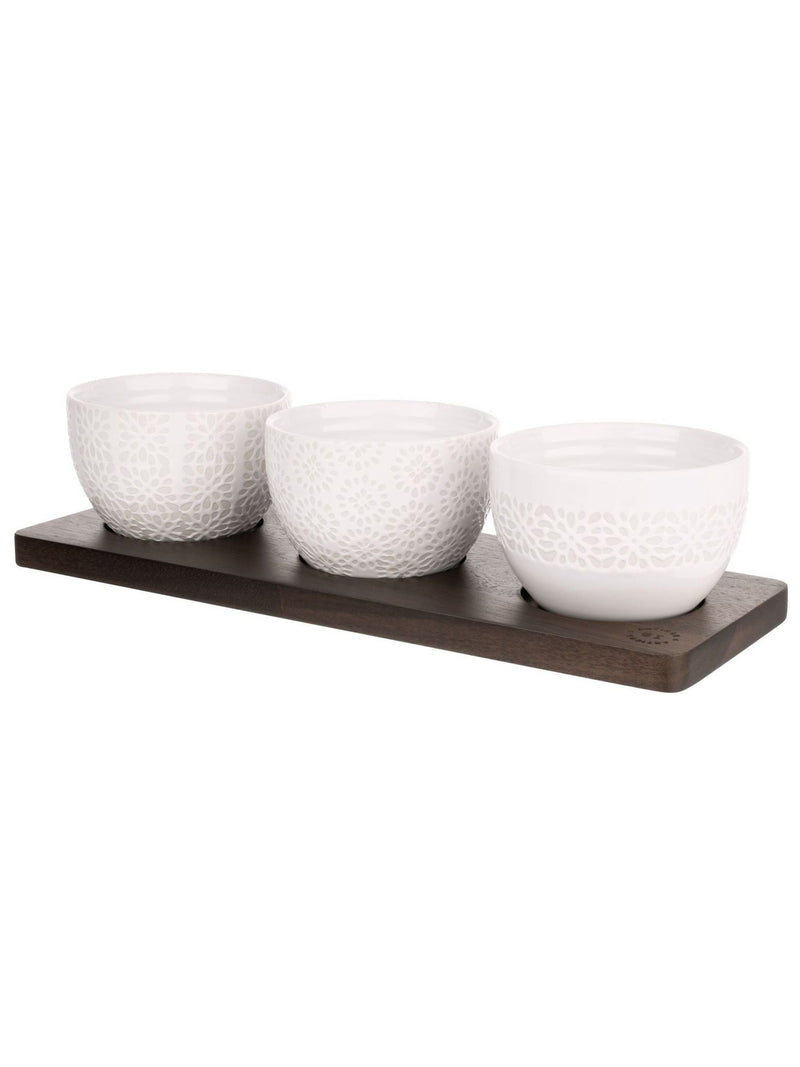 Artisan Street white nibble bowls set of 3 on acacia wood board - British product