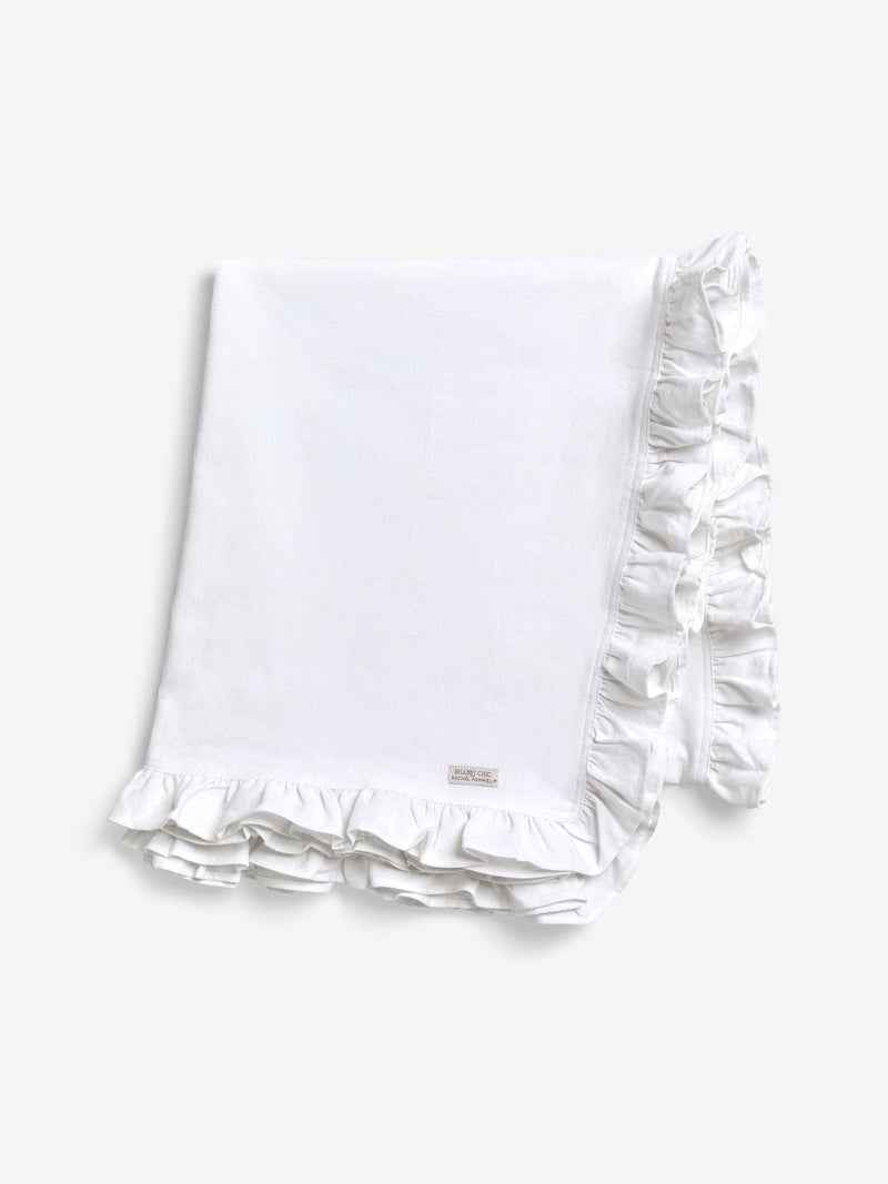 White Ruffle Trim Tablecloth in Cotton and Linen Blend