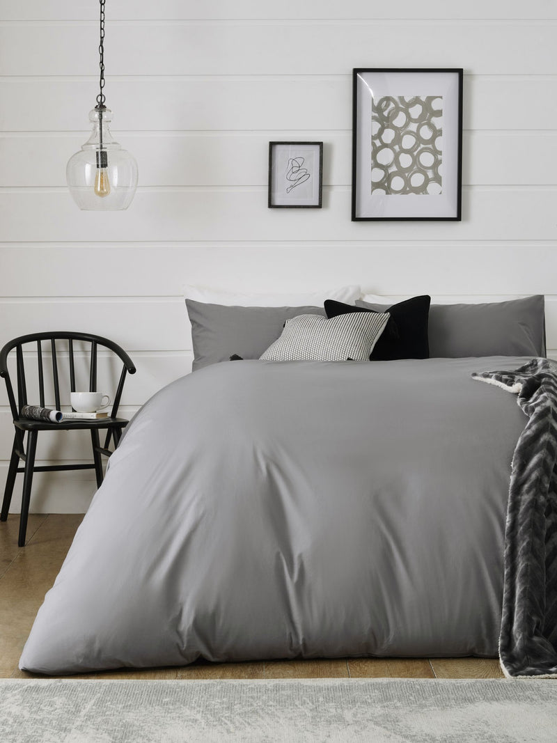 Grey mid cotton rich plain duvet cover and pillowcase set, UK version