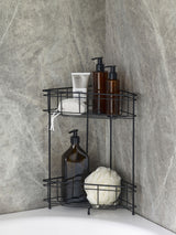 Black Small Free-Standing Corner Shower Caddy Two Tier Height 39.5cm