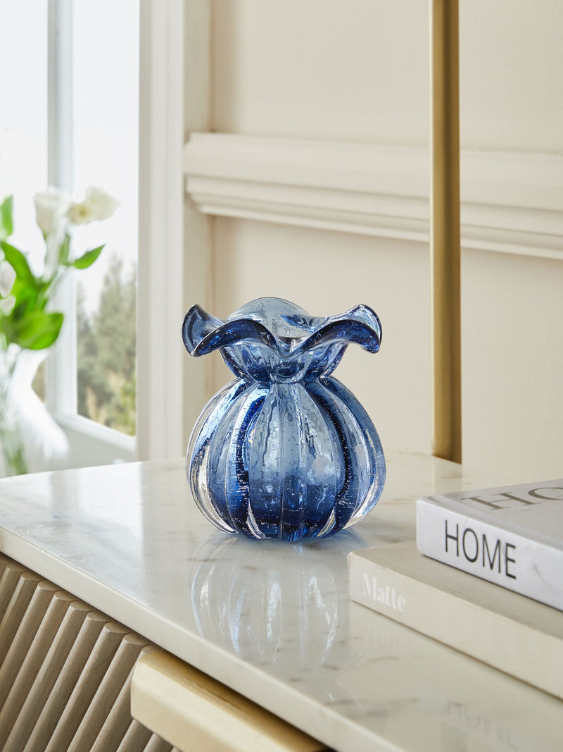 Blue fluted mini ceramic flower vase - British product