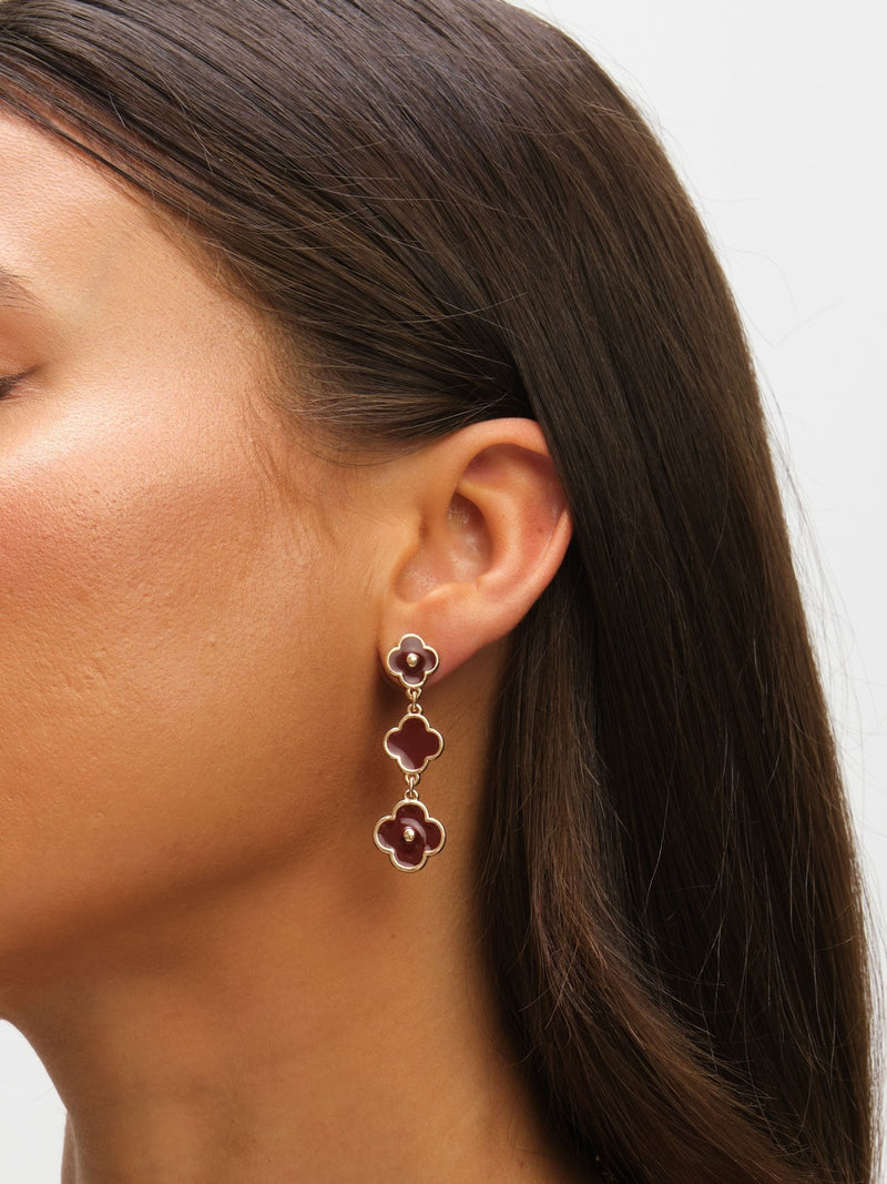 Gold Plated Burgundy Clover Triple Drop Earrings 41mm
