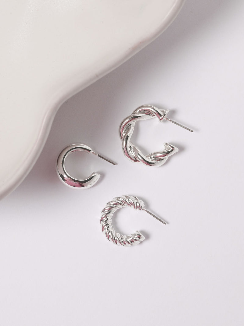 Polished Silver Twist Hoop Earrings, Pack of 3, 25mm x 10mm