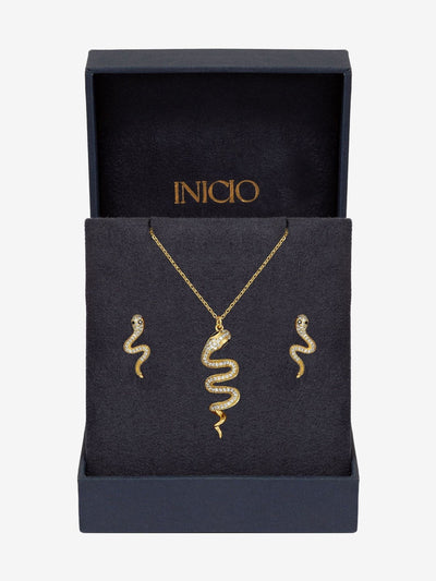Inicio Gold Cubic Zirconia Snake Earrings and Necklace Gift Box Set