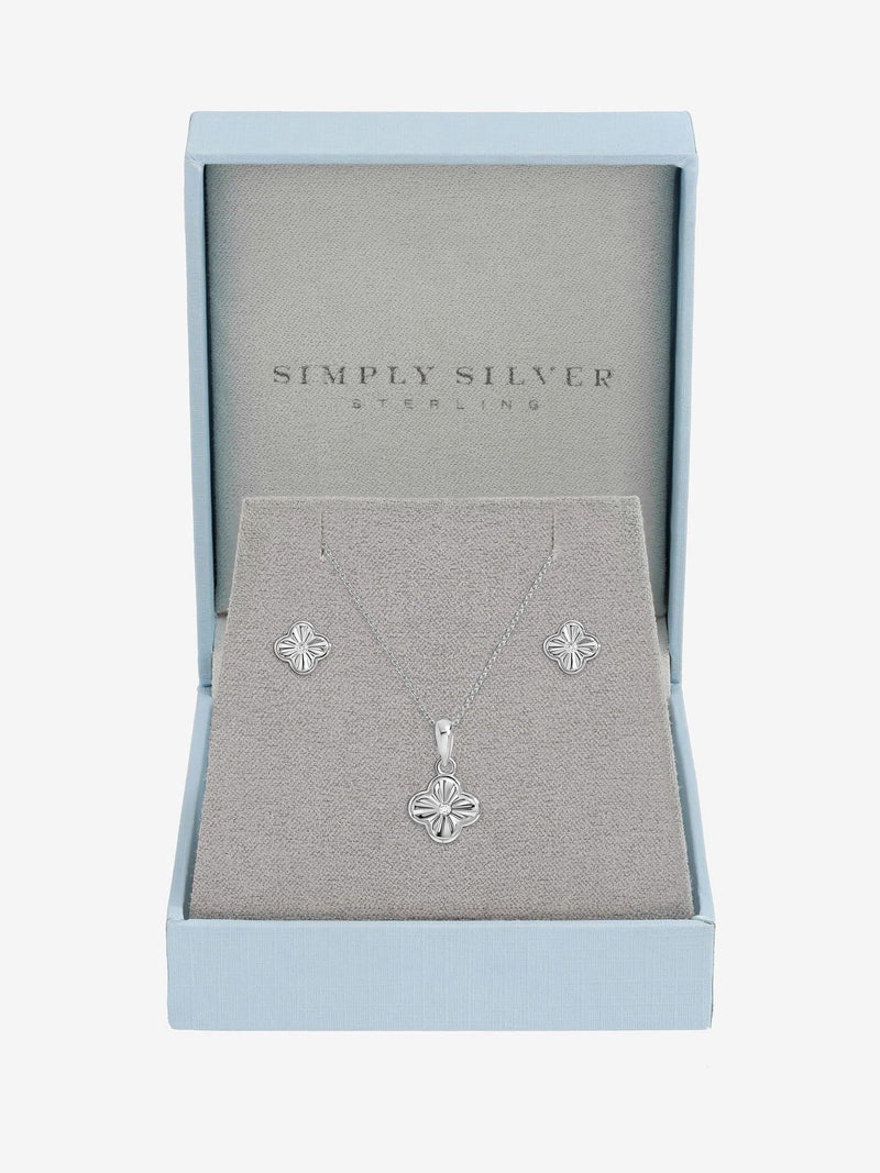 Simply Silver 925 Sterling Silver Polished Diamond Cut Clover Set Gift Box