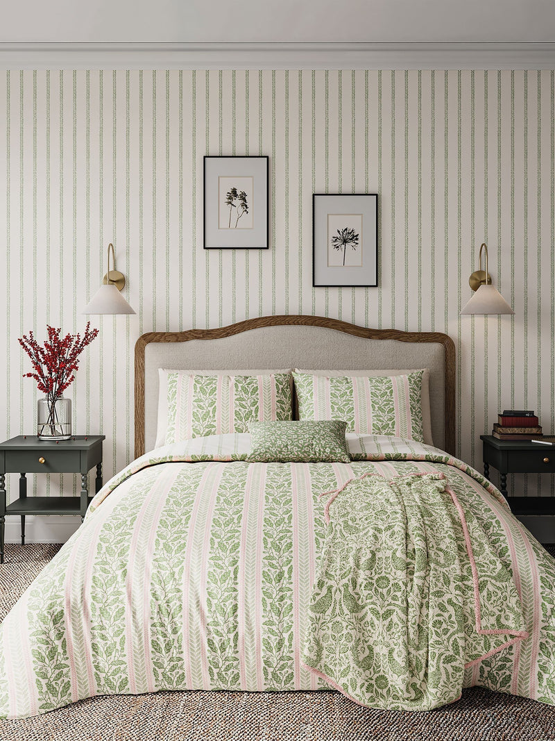 Helena Springfield Green Pink Oak Stripe Duvet Set, UK version