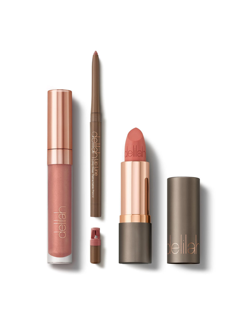 Delilah 3 piece lip wardrobe with liner, lipstick, and gloss - British product