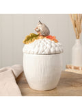 Widdop white storage jar with hedgehog on acorn 18cm height (British brand)