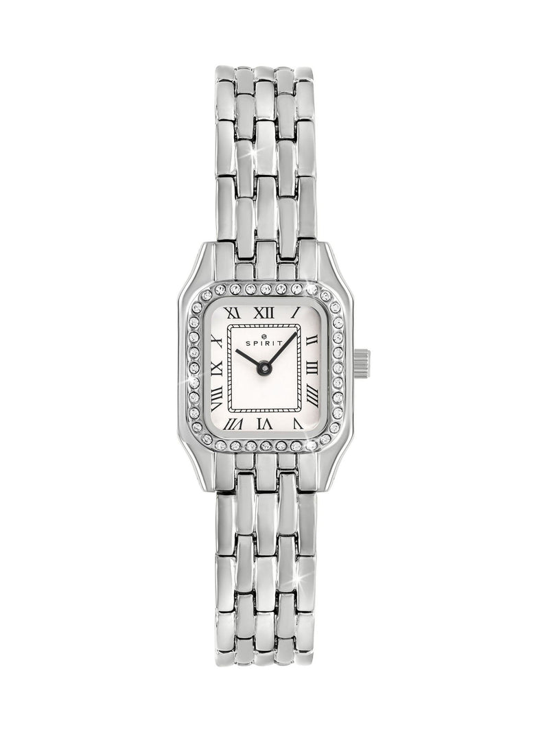 Ladies Silver Plated Stone Set Square Watch with Roman Numeral Dial and Bracelet