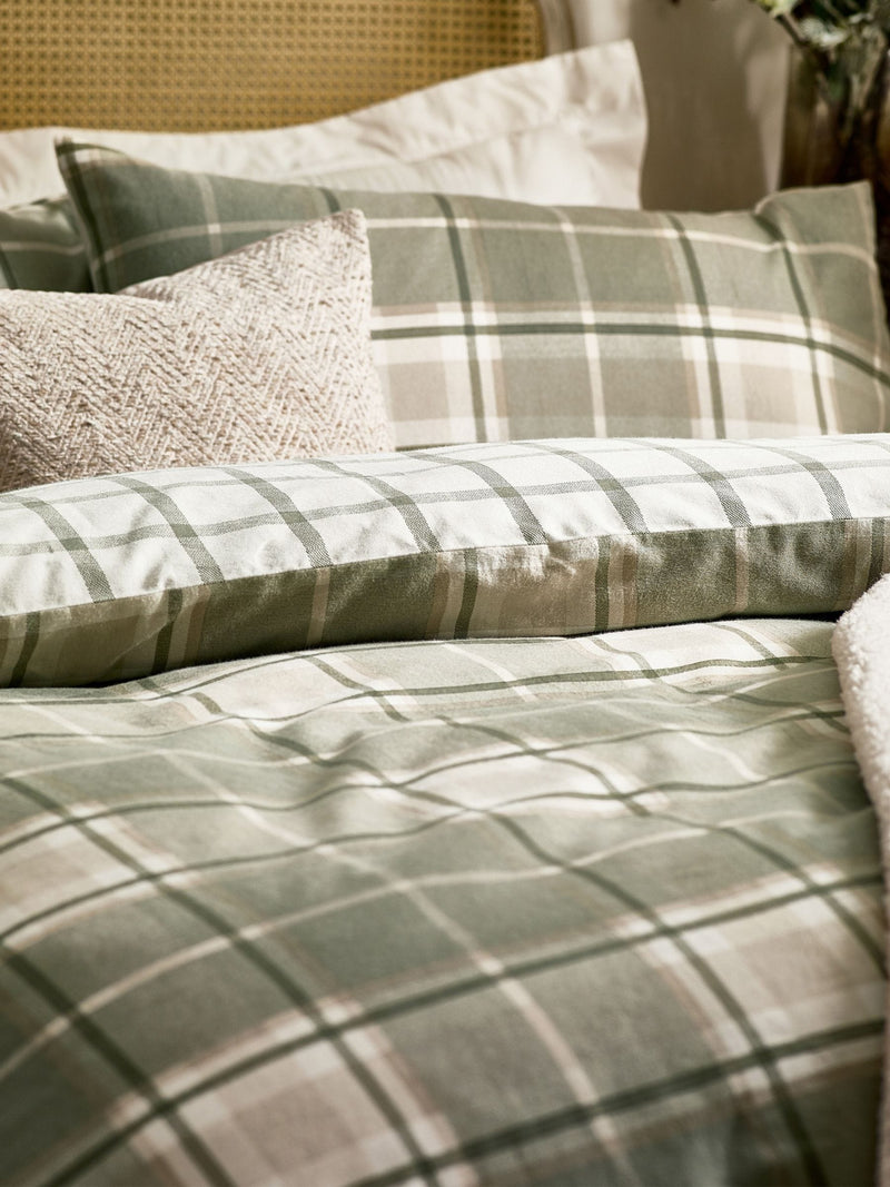 Wylder Nature green brushed cotton braemar check duvet cover set (British brand)