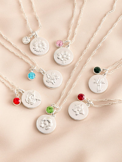 Silver Tone Birthstone Birth Flower Necklace