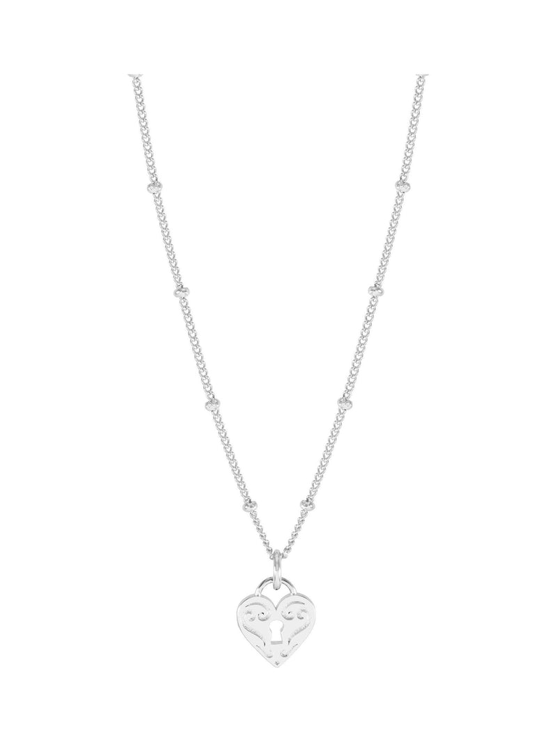 Engraved Heart Padlock Necklace with Silver Tone Chain 44-48 cm