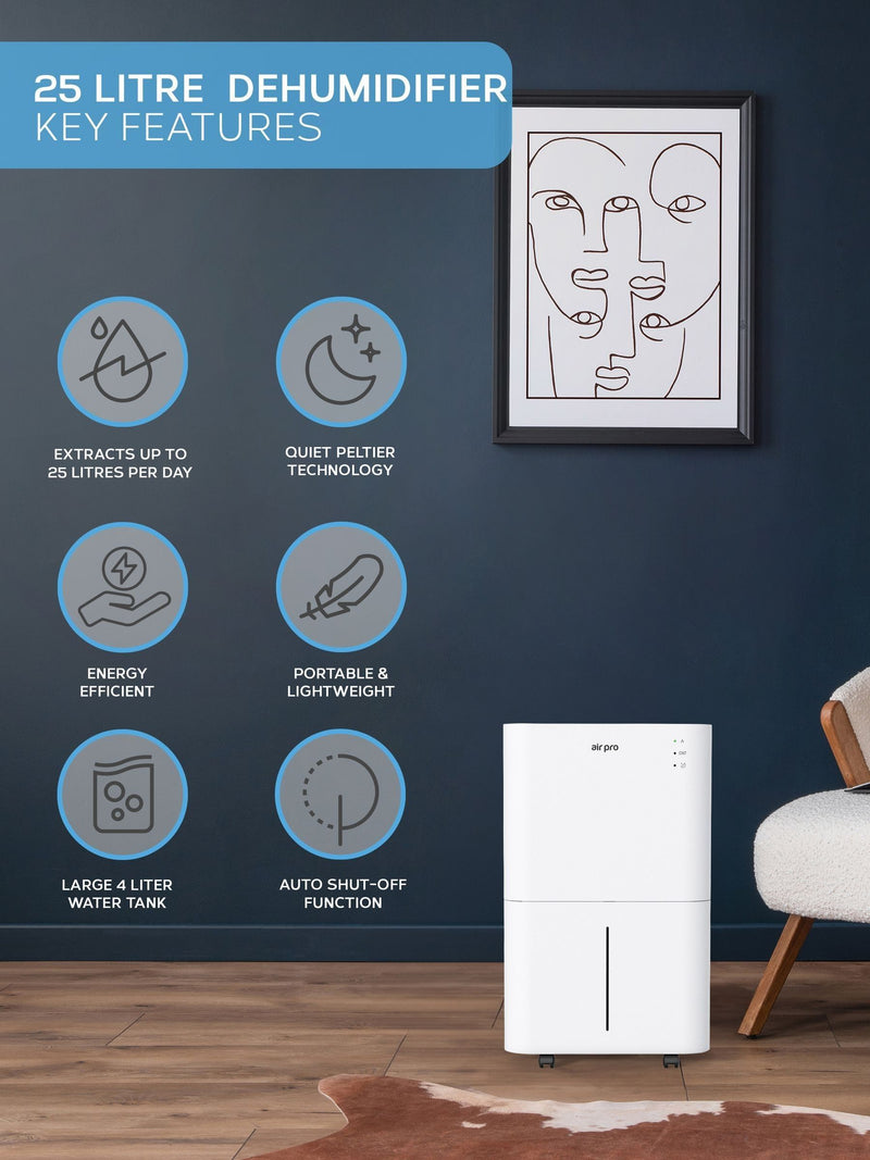 Air Pro White 25L Day Digital Dehumidifier with WiFi Large 4L Ta Tank