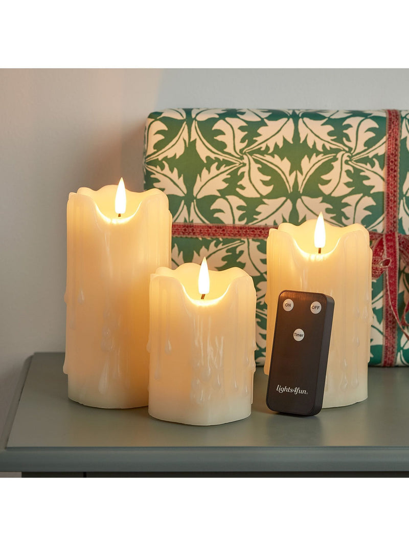 Lights4fun TruGlow® Heavy Dripping Wax LED Pillar Candles Trio
