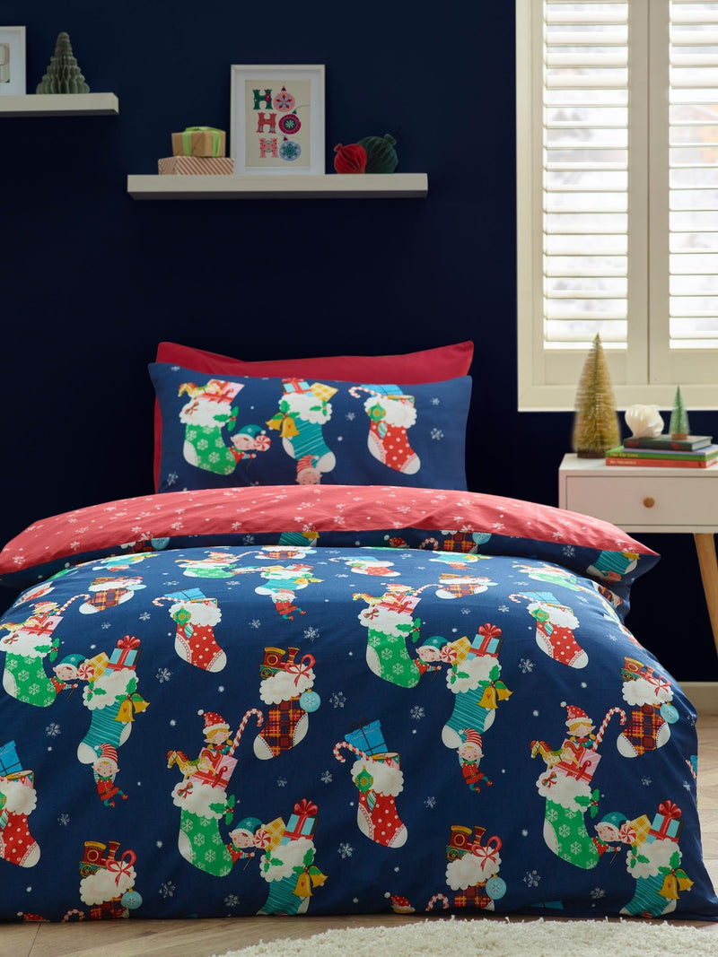 Catherine Lansfield Navy Christmas Elves duvet cover set - British product