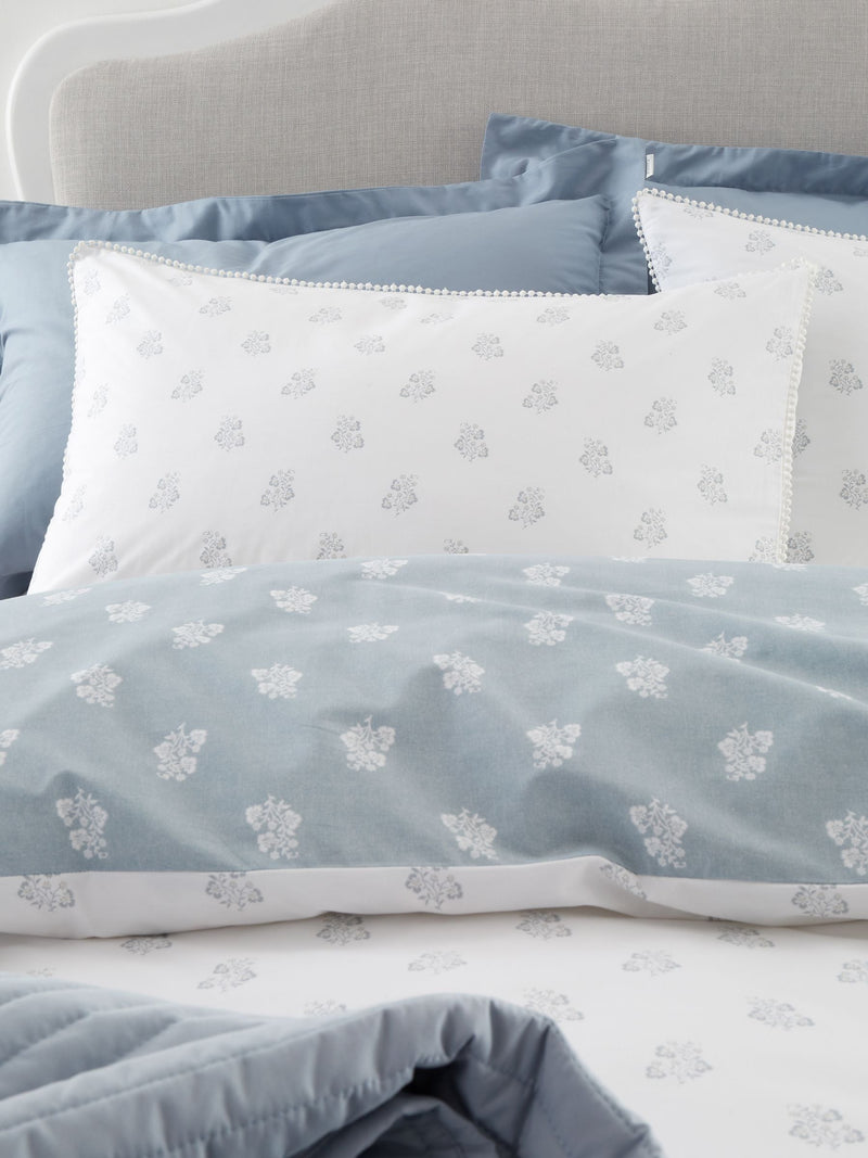 White Blue Esme Floral Print Reversible Duvet Cover Set - British product