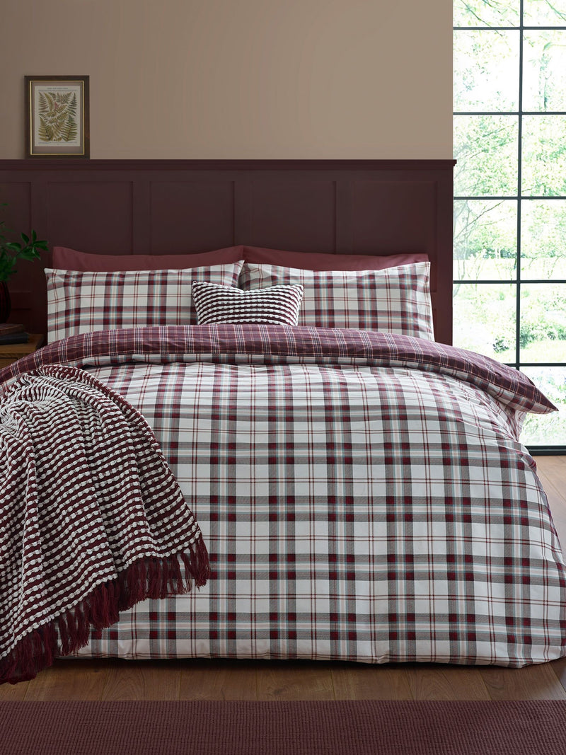 Catherine Lansfield Plum Kelso Check duvet cover and pillowcase set - British product