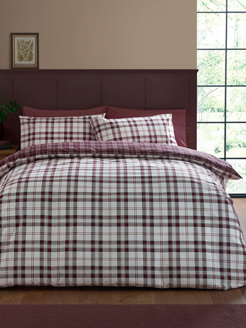 Catherine Lansfield Plum Kelso Check duvet cover and pillowcase set - British product