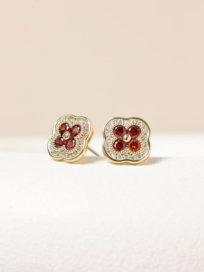 Gold Tone Crystal and Ruby Clover Stud Earrings 12mm