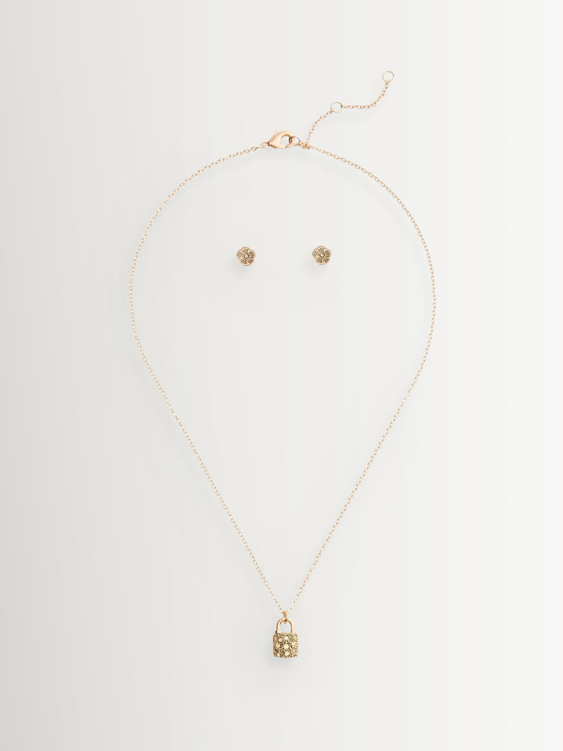 Pavé Padlock Necklace and Tea Rose Stud Earrings Jewelry Set in Gold Tone