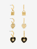 Gold Tone Locket and Jet Heart Huggie Charm Earrings Set of 3
