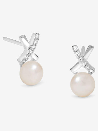 Simply Silver Polished and Pave Kiss Pearl Effect Stud Earrings Sterling Silver Jewellery 6.5mm x 13.3mm