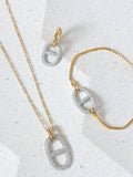 Gold Plated Two-Tone Pave Link Necklace with Crystals and Lobster Clasp – 15mm Width, 16mm Length