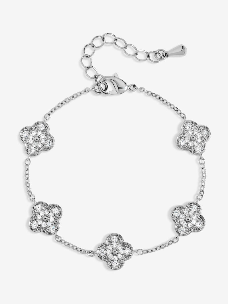 Rhodium Plated Pave Clover Bracelet with Lobster Clasp and Extender Chain