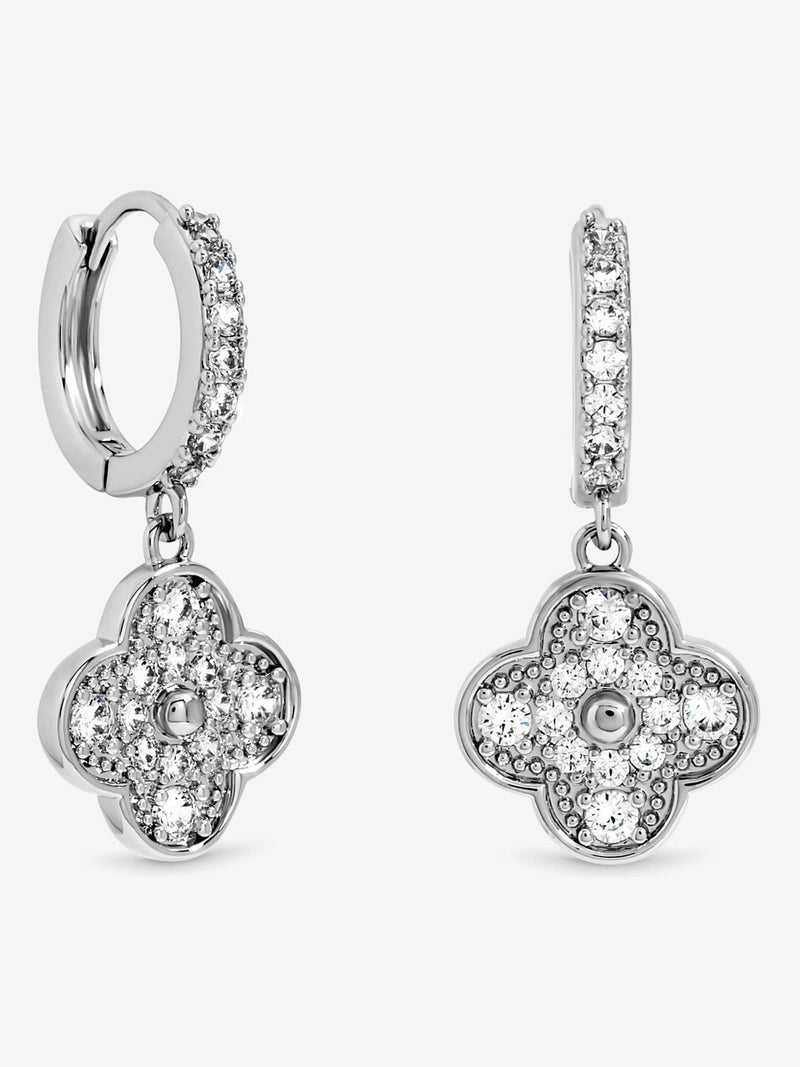 Rhodium Plated Pave Clover Earrings with Post and Bullet Back, 11mm x 25mm