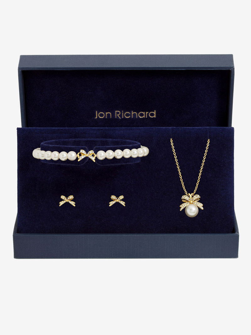 Gold-Plated Emerald Pearl and Crystal Trio Earring Set with Gift Box
