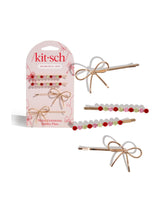 Kitsch Metal Gemstone and Bow Bobby Pins Red, Pink & Green 4 Piece Set