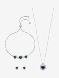 Silver Plated Sapphire Heart Jewelry Set with Necklace, Bracelet, and Earrings