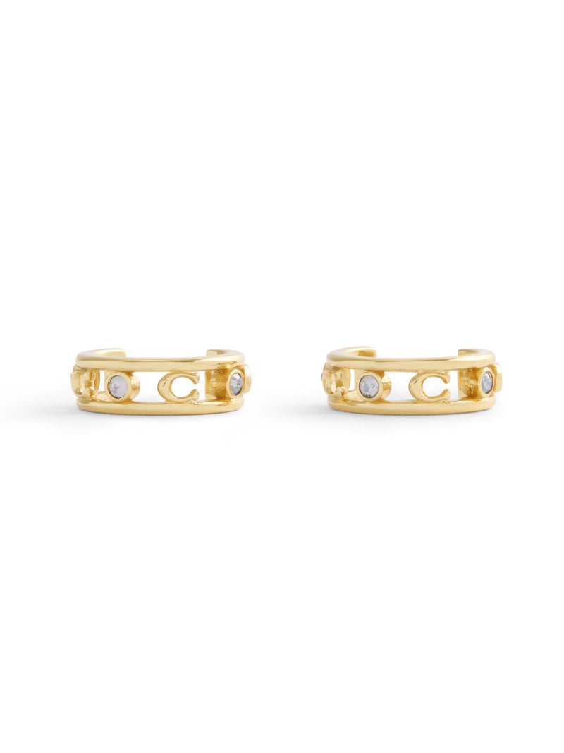 Small Open Hoop Earrings with Sculpted C Motifs and Sparkly Stones