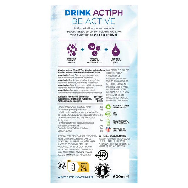 ACTIPH Alkaline Ionised Water 6 x 600ml - McGrocer