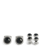 Tateossian sterling silver and onyx herringbone cufflinks and studs set (British brand)