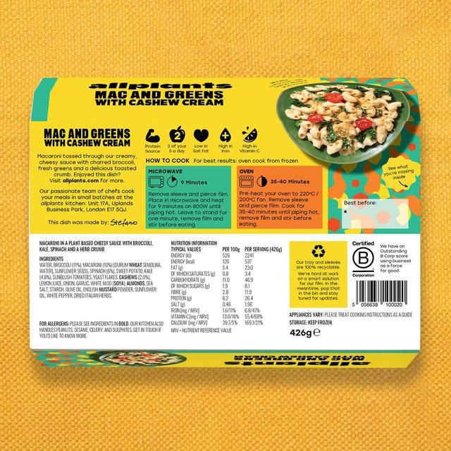 allplants Mac and Greens with Cashew Cream for 1 420g - McGrocer