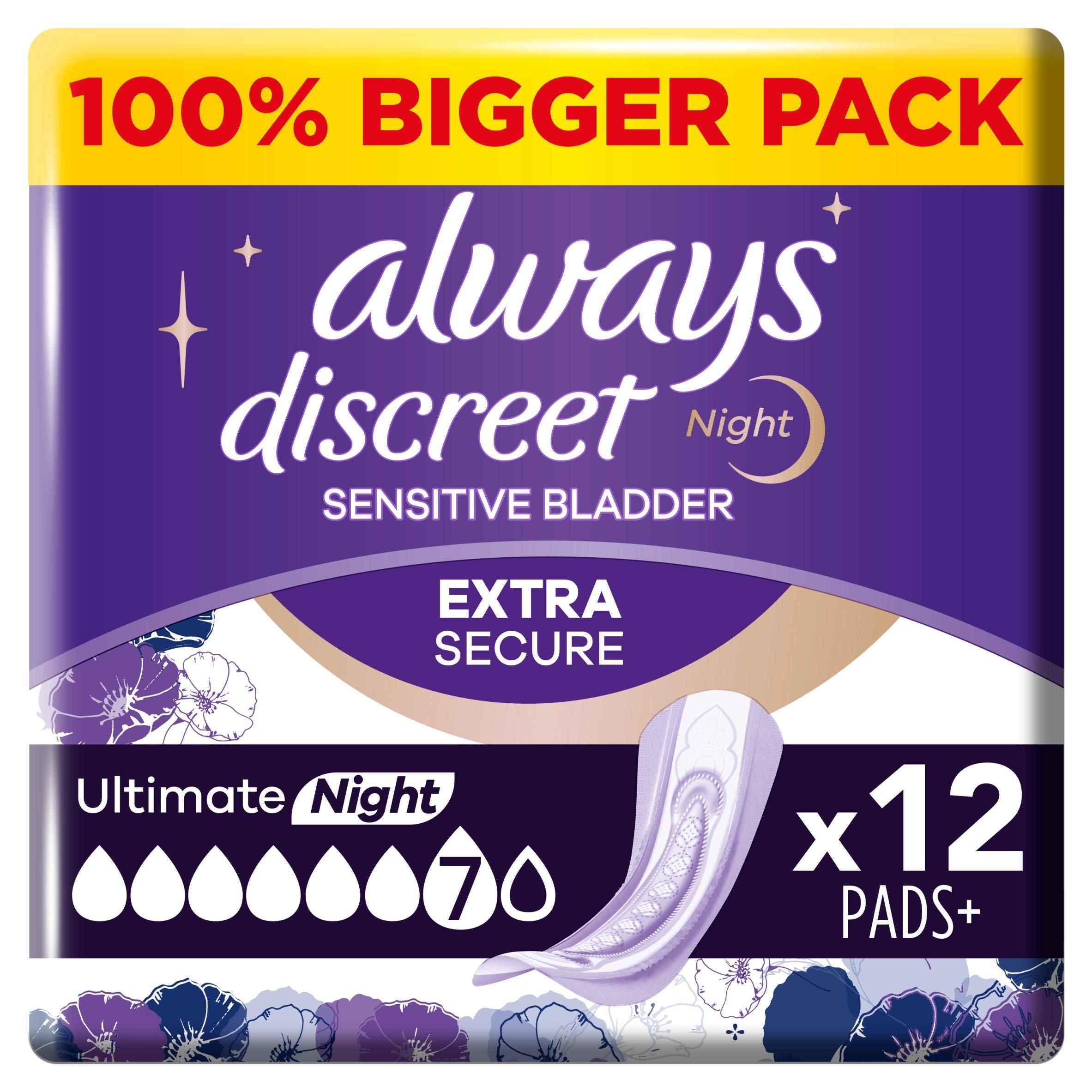 Always Discreet Incontinence Plus Womens Ultimate Night Pads x12 - McGrocer