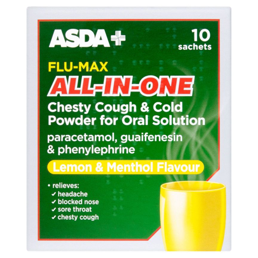 ASDA Flu-Max Chesty Cough & Cold Powder for Oral Solution Lemon & Menthol Flavour 10 Sachets - McGrocer