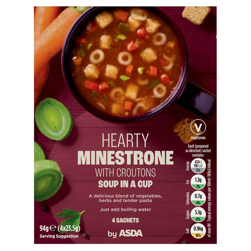 ASDA Hearty Minestrone with Croutons Soup in a Cup 4x23.5g (94g) - McGrocer