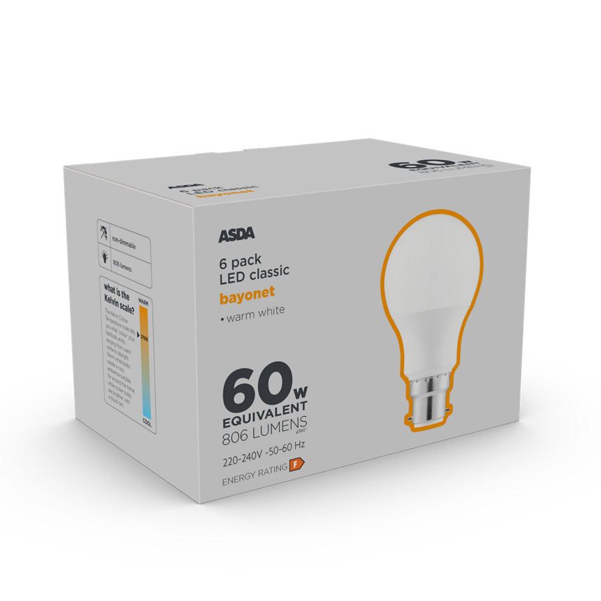 ASDA LED Classic 60W Large Bayonet Lightbulb 6PK - McGrocer